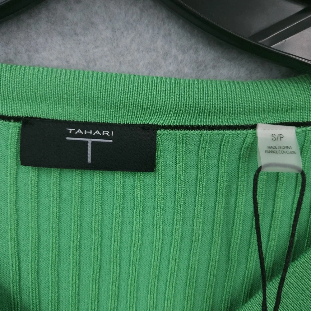 Tahari Button Front V Neck Green Leaf Black Striped Long Sleeve Cardigan Women S